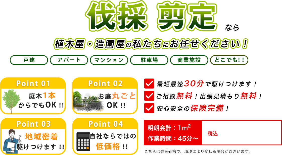 伐採 剪定なら植木屋・造園屋の平山商事にお任せください！　最短最速30分で駆けつけます！　ご相談無料！出張見積もり無料！　安心安全の保険完備！